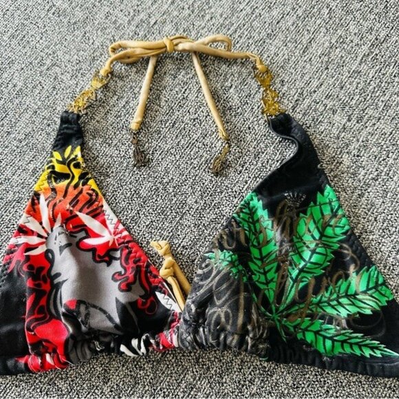 VTG Y2K Christian Audigier 2PC Bikini Sz L Rasta Leaf Print Gold Chain Luxe Swim - Picture 4 of 9